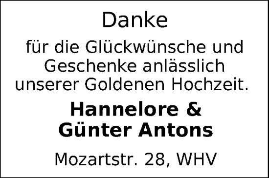 Hochzeitsanzeige von Hannelore Antons von BM