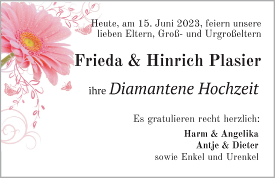 Hochzeitsanzeige von Hinrich Plasier von BM