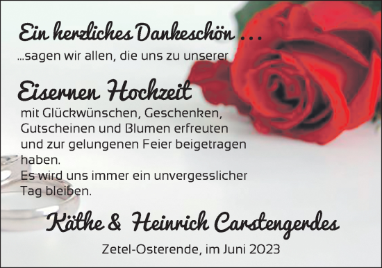 Hochzeitsanzeige von Käthe Carstengerdes von NWZ