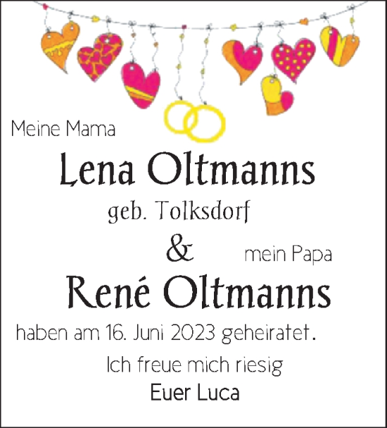 Hochzeitsanzeige von Lena Oltmanns von BM