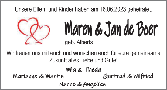 Hochzeitsanzeige von Maren de Boer von EZ