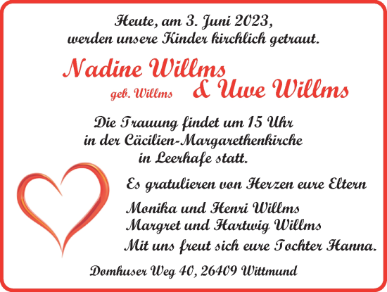 Hochzeitsanzeige von Nadine Willms von BM