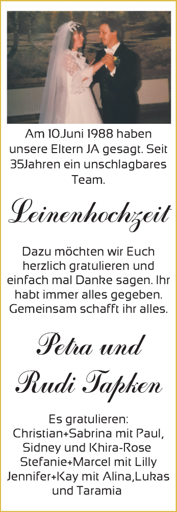 Hochzeitsanzeige von Petra Tapken von NWZ