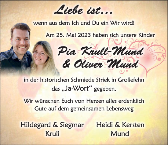 Hochzeitsanzeige von Pia Krull-Mund von EZ