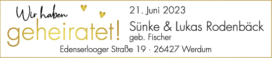 Hochzeitsanzeige von Sünke Rodenbäck von BM