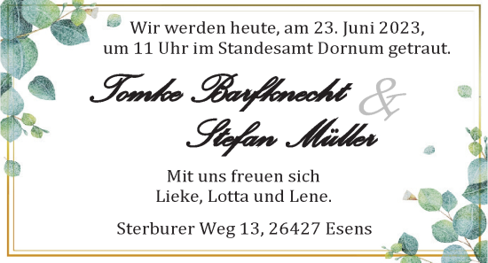 Hochzeitsanzeige von Tommke Barfknecht von BM