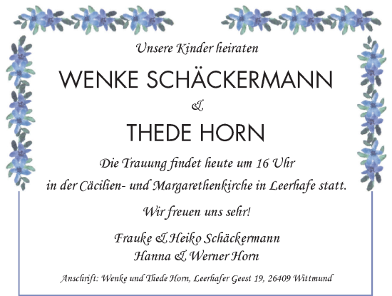 Hochzeitsanzeige von Wemke Schäckermann von BM