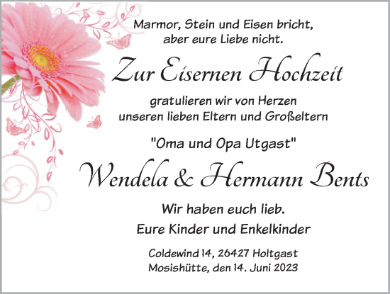 Hochzeitsanzeige von Wendela Bents von BM