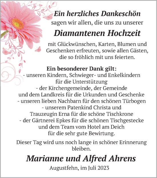 Hochzeitsanzeige von Alfred Ahrens von NWZ