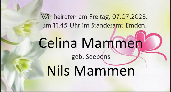 Hochzeitsanzeige von Celina Mammen von EZ