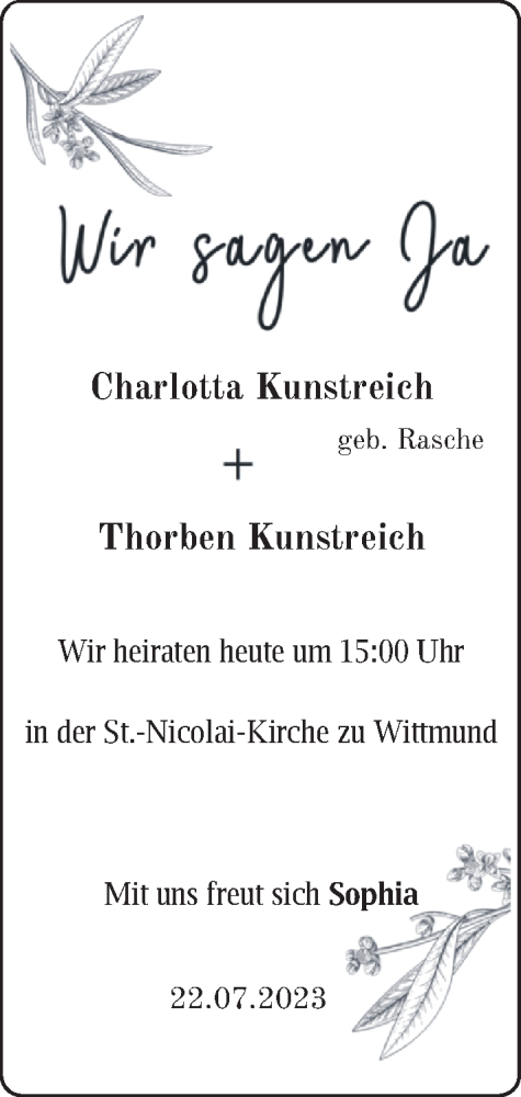 Hochzeitsanzeige von Charlotta Kunstreich von BM