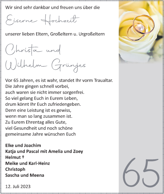 Hochzeitsanzeige von Christa Grünjes von BM
