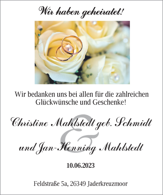 Hochzeitsanzeige von Christine Jan-Henning von NWZ