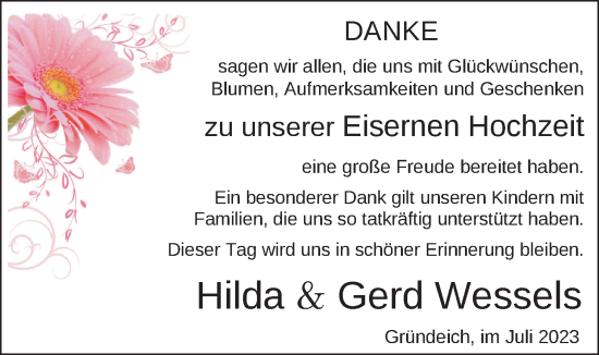 Hochzeitsanzeige von Hilda Wessels von BM