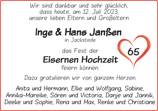 Hochzeitsanzeige von Inge Janßen von BM