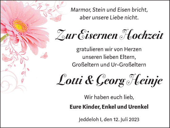 Hochzeitsanzeige von Lotti Heinje von NWZ