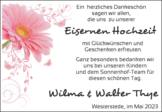 Hochzeitsanzeige von Wilma Thye von NWZ