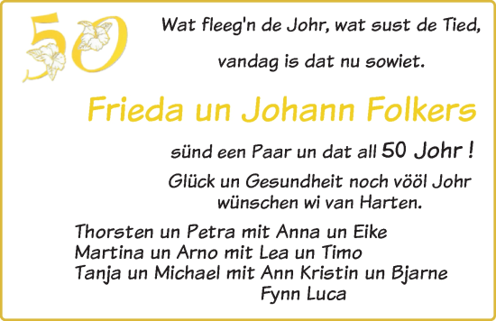 Hochzeitsanzeige von Frieda Folkers von BM
