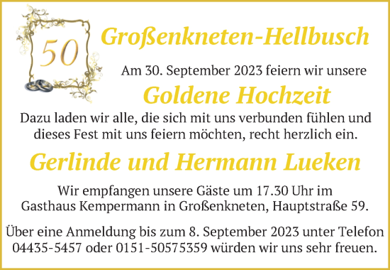 Hochzeitsanzeige von Gerlinde Lueken von NWZ