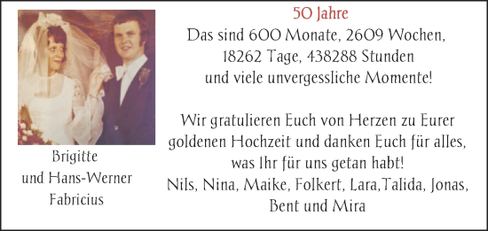 Hochzeitsanzeige von Hans-Werner Fabricius von BM