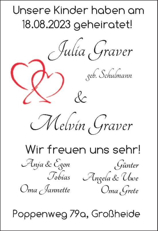 Hochzeitsanzeige von Julia Graver von EZ