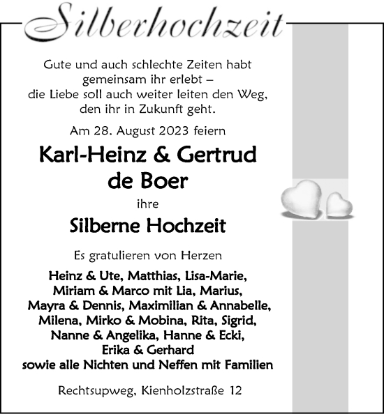 Hochzeitsanzeige von Karrl-Heinz de Boer von EZ