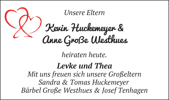 Hochzeitsanzeige von Kevin Huckemeyer von NWZ