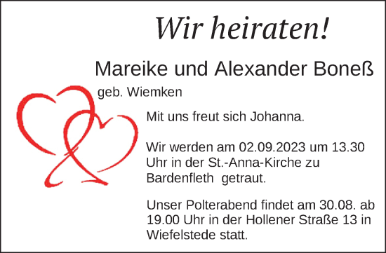 Hochzeitsanzeige von Mareike Boneß von NWZ