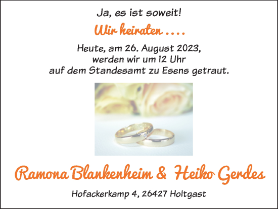 Hochzeitsanzeige von Ramon Blankenheim von BM