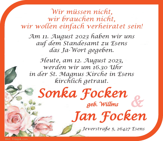 Hochzeitsanzeige von Sonnka Focken von BM