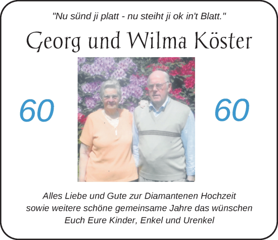 Hochzeitsanzeige von Wilma Köster von NWZ