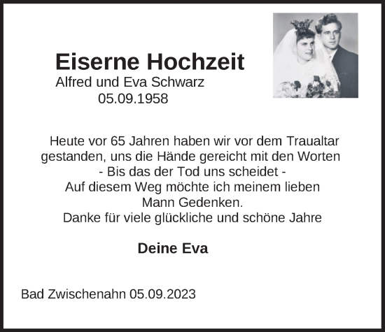 Hochzeitsanzeige von Alfred Schwarz von NWZ