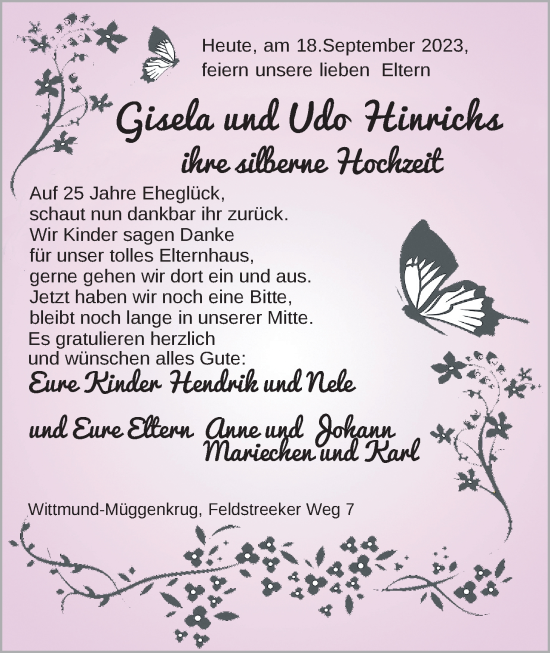 Hochzeitsanzeige von Gisela Hinrichs von BM