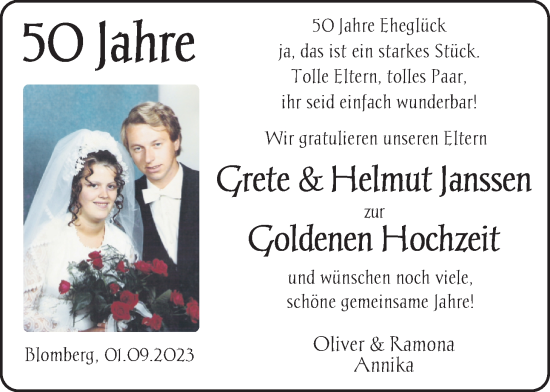 Hochzeitsanzeige von Grete Janssen von BM