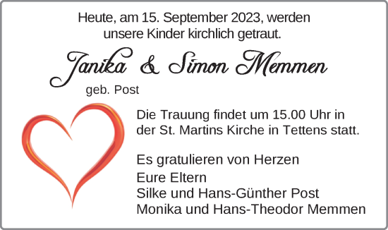 Hochzeitsanzeige von Janika Memmen von BM