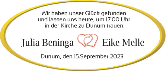 Hochzeitsanzeige von Julia Beninga von BM
