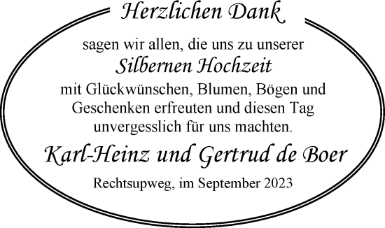 Hochzeitsanzeige von Karl-Heinz de Boer von EZ