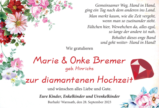 Hochzeitsanzeige von Marie Bremer von BM
