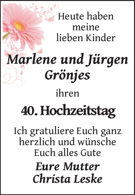 Hochzeitsanzeige von Marlene Grönjes von NWZ