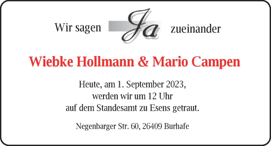 Hochzeitsanzeige von Wiebke Hollmann von BM