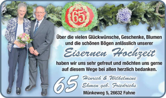 Hochzeitsanzeige von Wilhelmine Ehmen von EZ