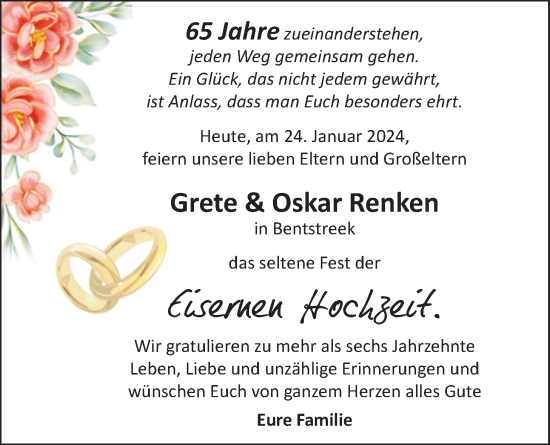 Hochzeitsanzeige von Grete Renken von BM