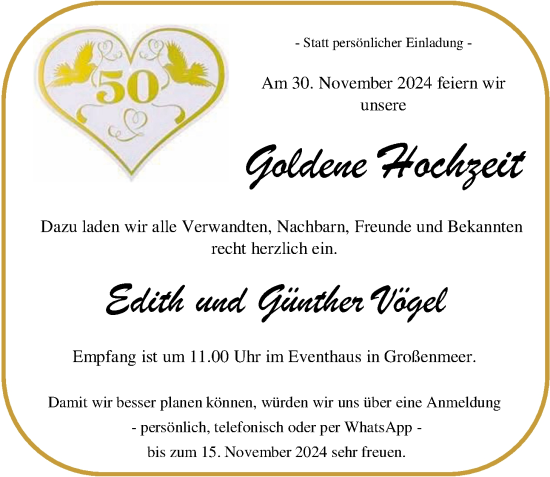 Hochzeitsanzeige von Edith Vögel von NWZ