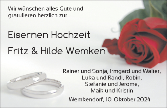 Hochzeitsanzeige von Fritz Wemken von NWZ