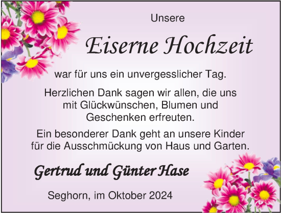 Hochzeitsanzeige von Gertrud Hase von NWZ