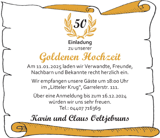 Hochzeitsanzeige von Karin Oeltjebruns von NWZ