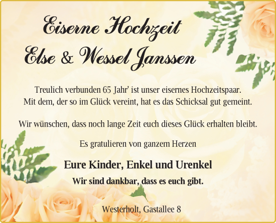 Hochzeitsanzeige von Else Janssen von BM