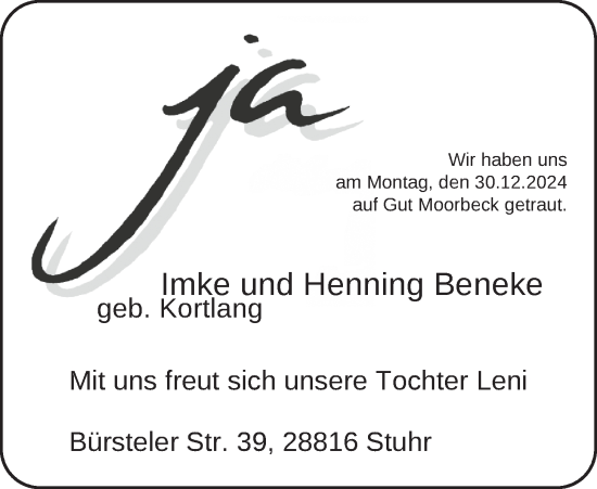 Hochzeitsanzeige von Imke Beneke von NWZ