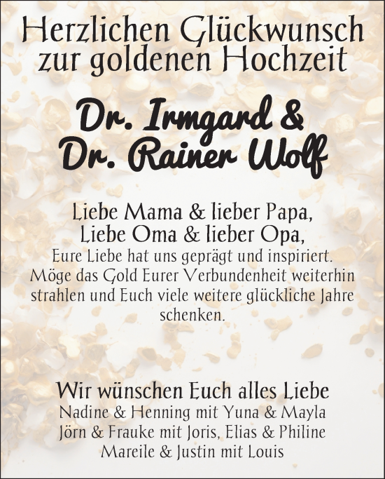Hochzeitsanzeige von Dr. Irmgard Wolf von NWZ