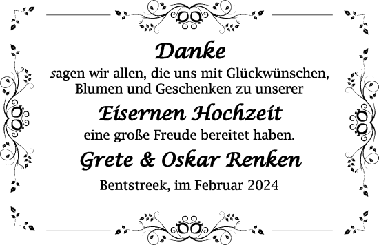 Hochzeitsanzeige von Grete Renken von BM